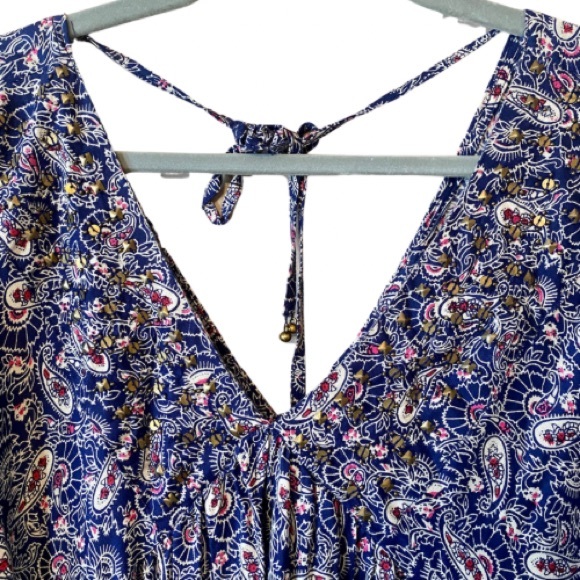NWT En Créme Boho Peasant Dress | Navy Paisley Design + Beaded V-Neck (S) - Picture 13 of 14